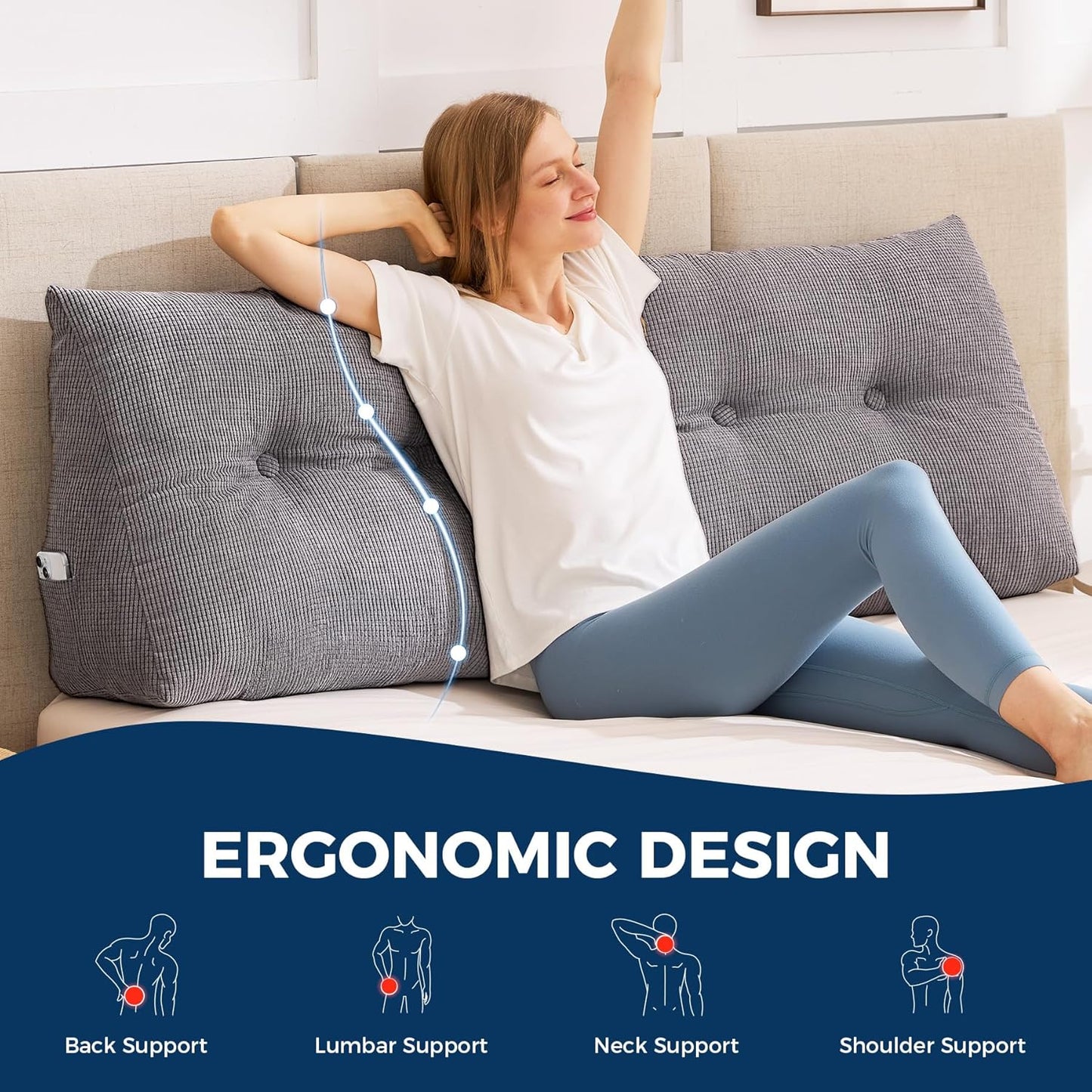 Headboard Pillow Queen, Triangle Pillows for Headboard, Head Board Backrest Wedge Pillow for Reading Sitting Working, Daybed Pillows with Removable Cover for Bed Dorm Sofa, Dark Grey