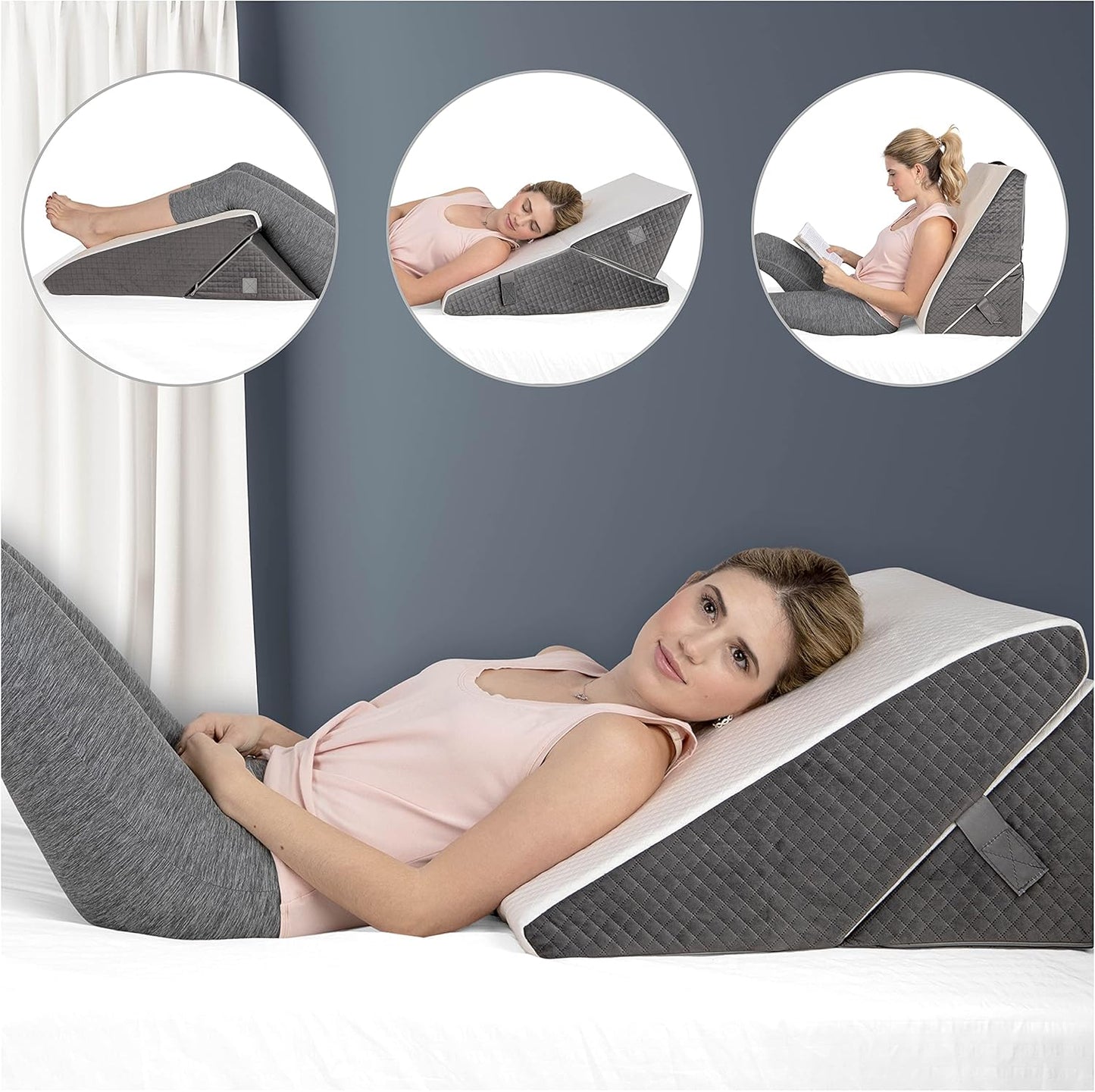 Kӧlbs Reading Wedge Pillow Chic Gray and White Jacquard Cover Back Pillow for Bed Sitting Up, Cushion with Arms for TV Book Gaming Dorm Rooms, Backrest