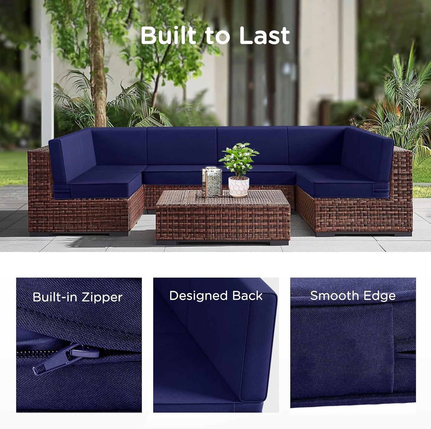 Codi 14-Piece Outdoor Cushions for Patio Furniture, 6 Seat Waterproof Replacement Cushion Set - High-Density Foam, UV Resistant, Fits Wicker & Rattan Sectional Sofas - Navy