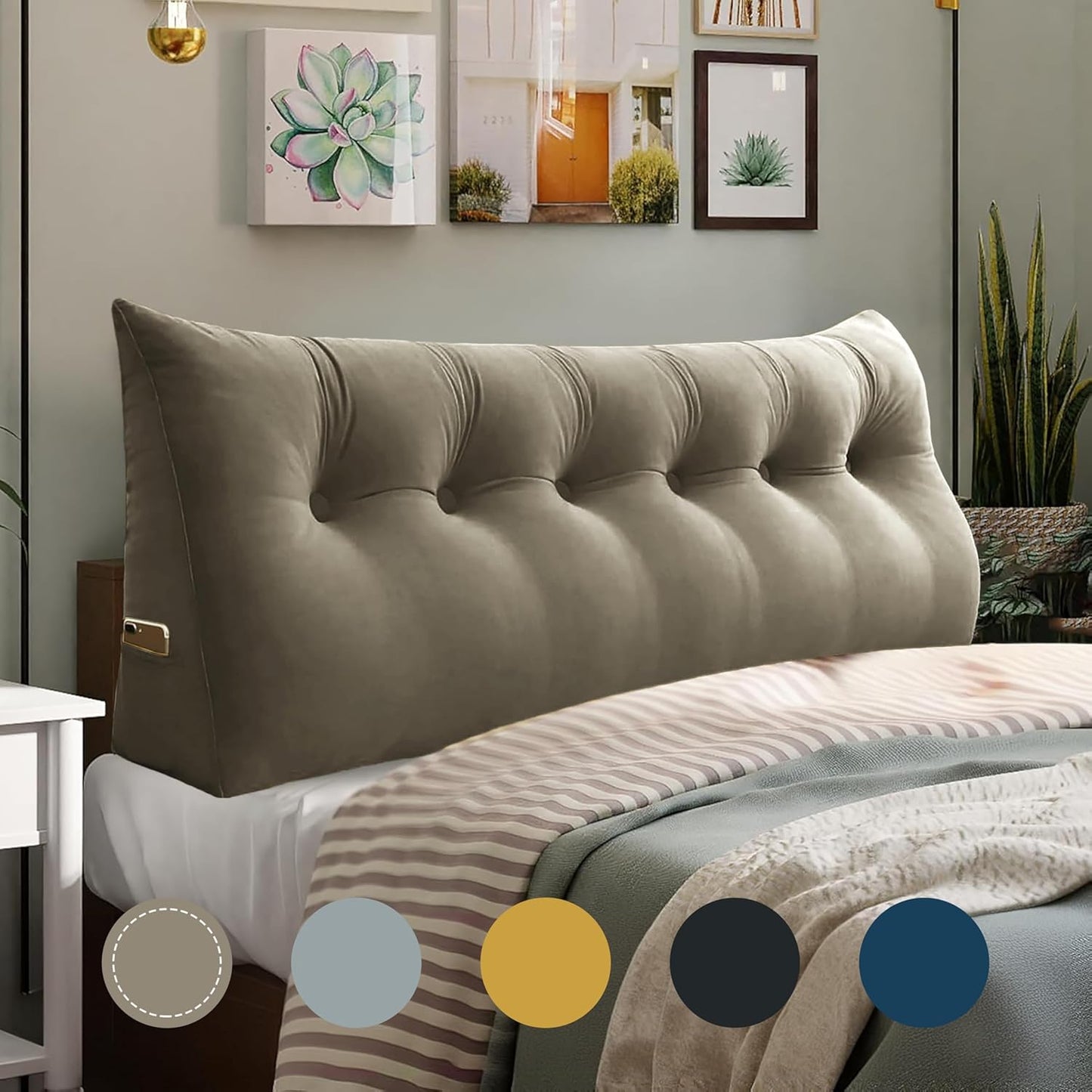 WOWMAX Triangular Headboard Pillow Full Bed Wedge Pillow for Headboard Large Bolster Pillow for Bed Wedge Pillow Headboard Daybed Pillows with Removable Cover, Velvet(100% Cotton), Gray