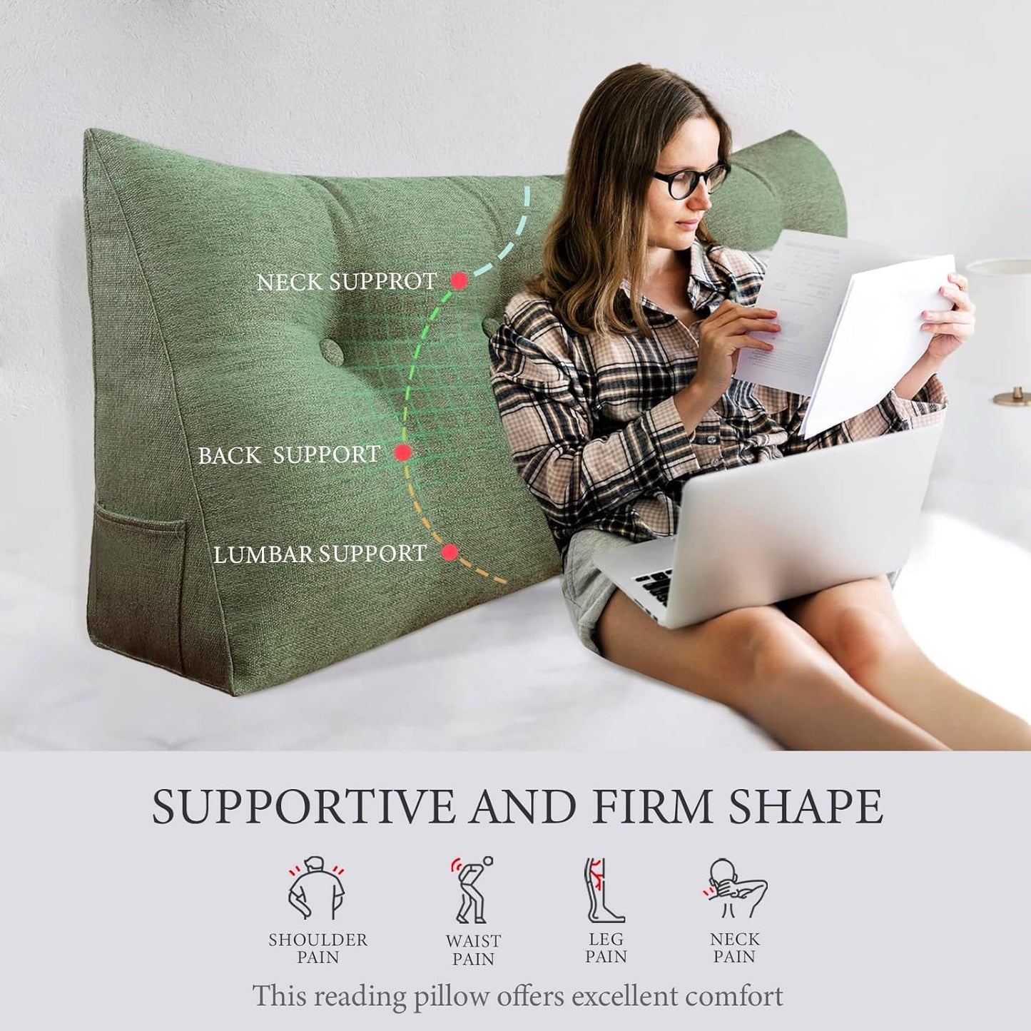 Headboard Pillow Wedge Full Size Large Bolster Pillow for Bed Triangle Reading Pillow Back Support Pillow for Sitting Up in Bed XXL Couch Rest Backrest Cushion Linen Sage Green