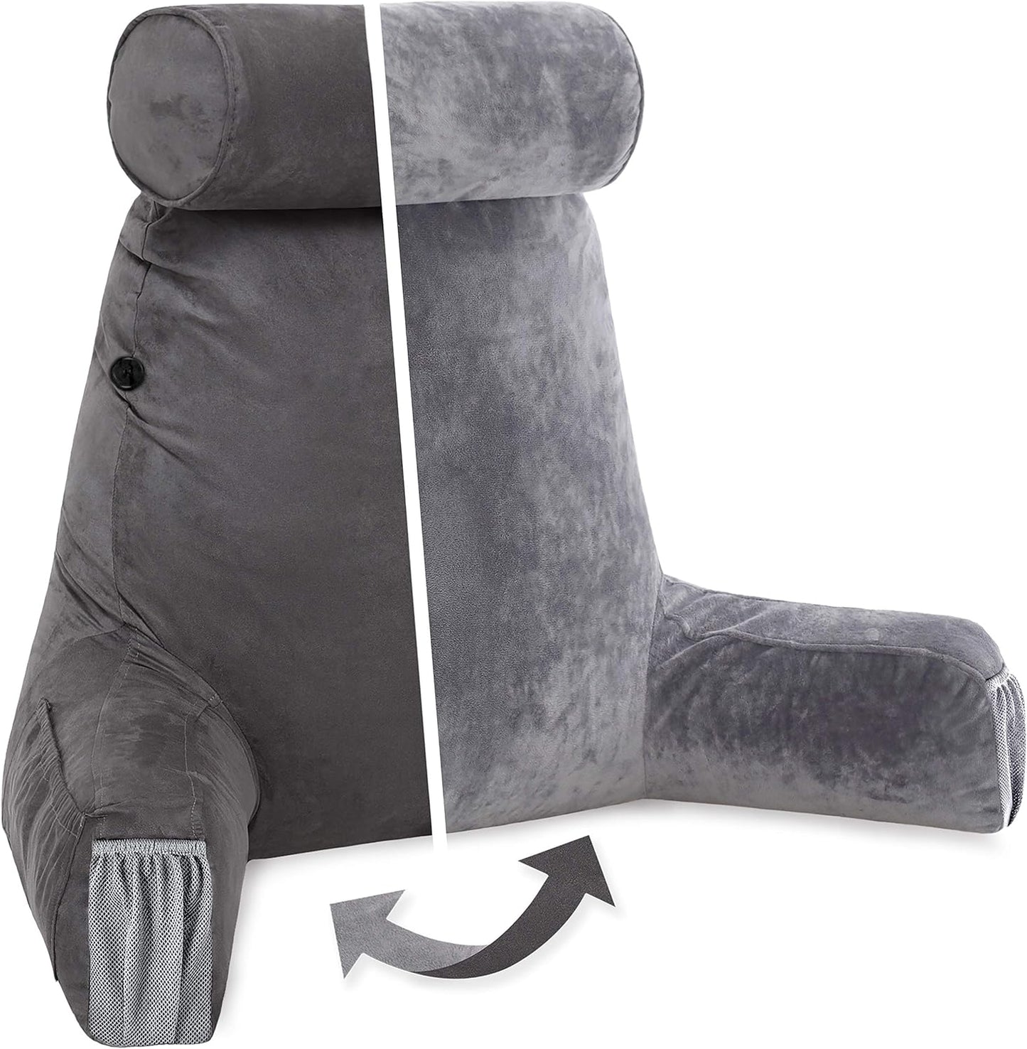 Husband Pillow Black, Original Reading Pillow in Bed Rest Chair, Shredded Memory Foam Large Lounge Cushion Adult Backrest with Arms, Comfy Back Support for Sit Sitting Up, Washable/Removable Cover