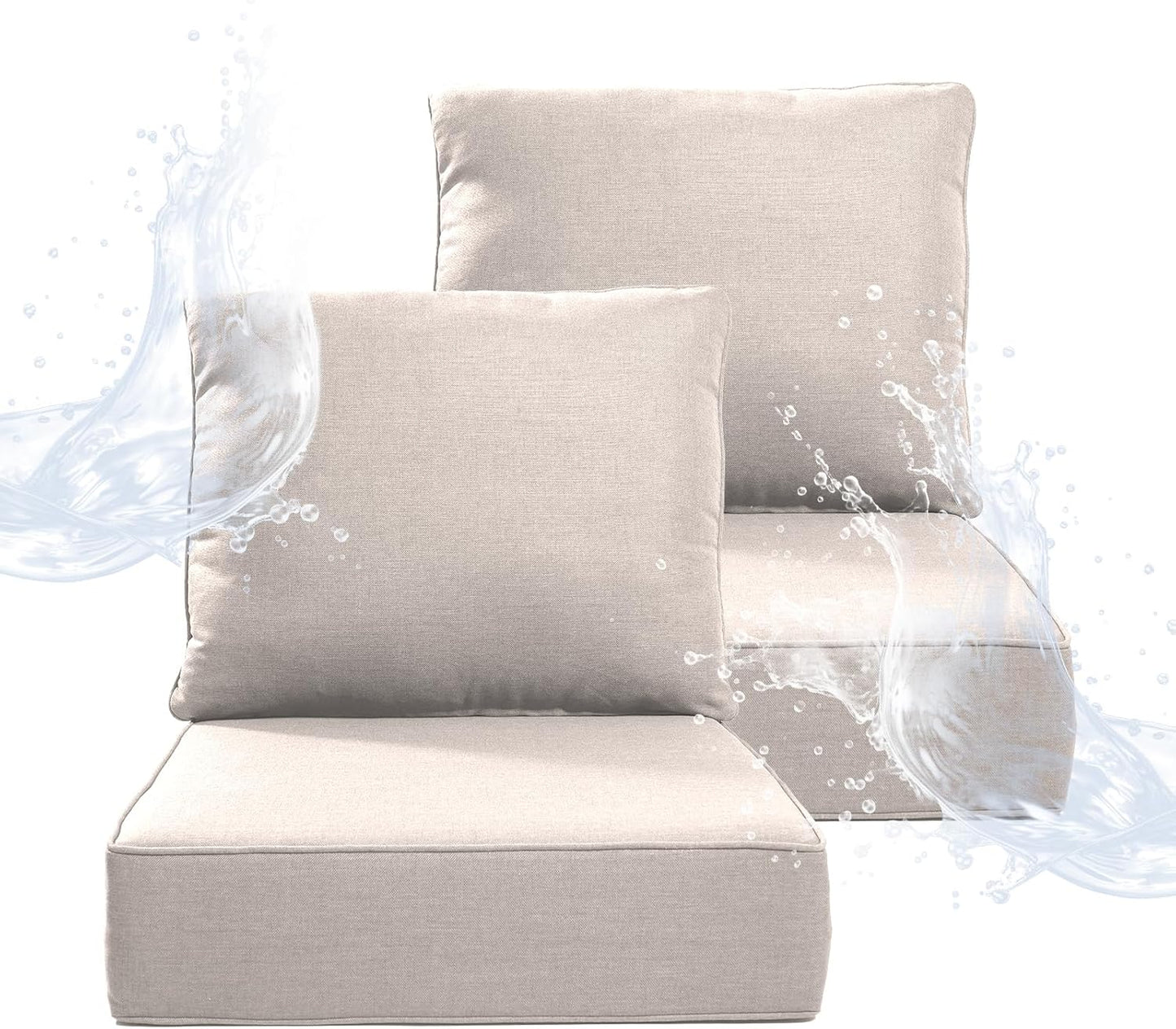 6" Thicker Outdoor Chair Cushion 3 Sets - 24" *24" *6" Waterproof Patio Furniture Cushions with Removable Cover, 28D High Density Sponge Filling Thicken Outdoor Patio Cushions - Beige
