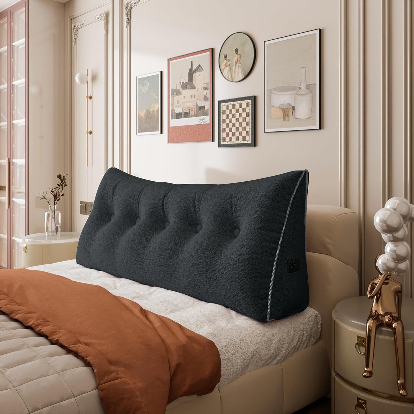 Fully Stuffed Thicken Headboard Pillow Twin Padded Headboard Soft and Firm Support Large Bolster Triangular Bed Wedge Pillow Backrest Positioning Bed Rest Reading Pillows for Bed Corduroy Black