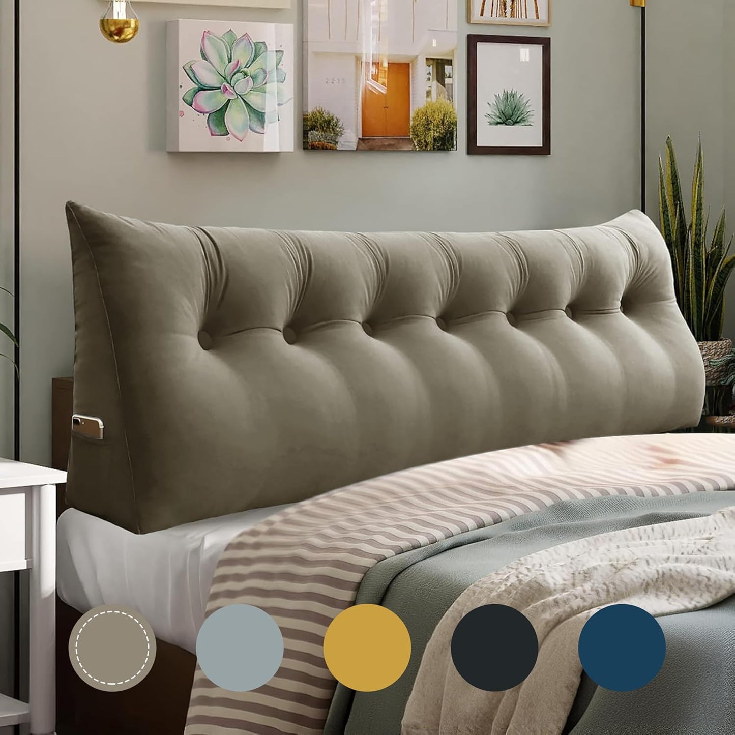 WOWMAX Triangular Headboard Pillow Full Bed Wedge Pillow for Headboard Large Bolster Pillow for Bed Wedge Pillow Headboard Daybed Pillows with Removable Cover, Velvet(100% Cotton), Gray