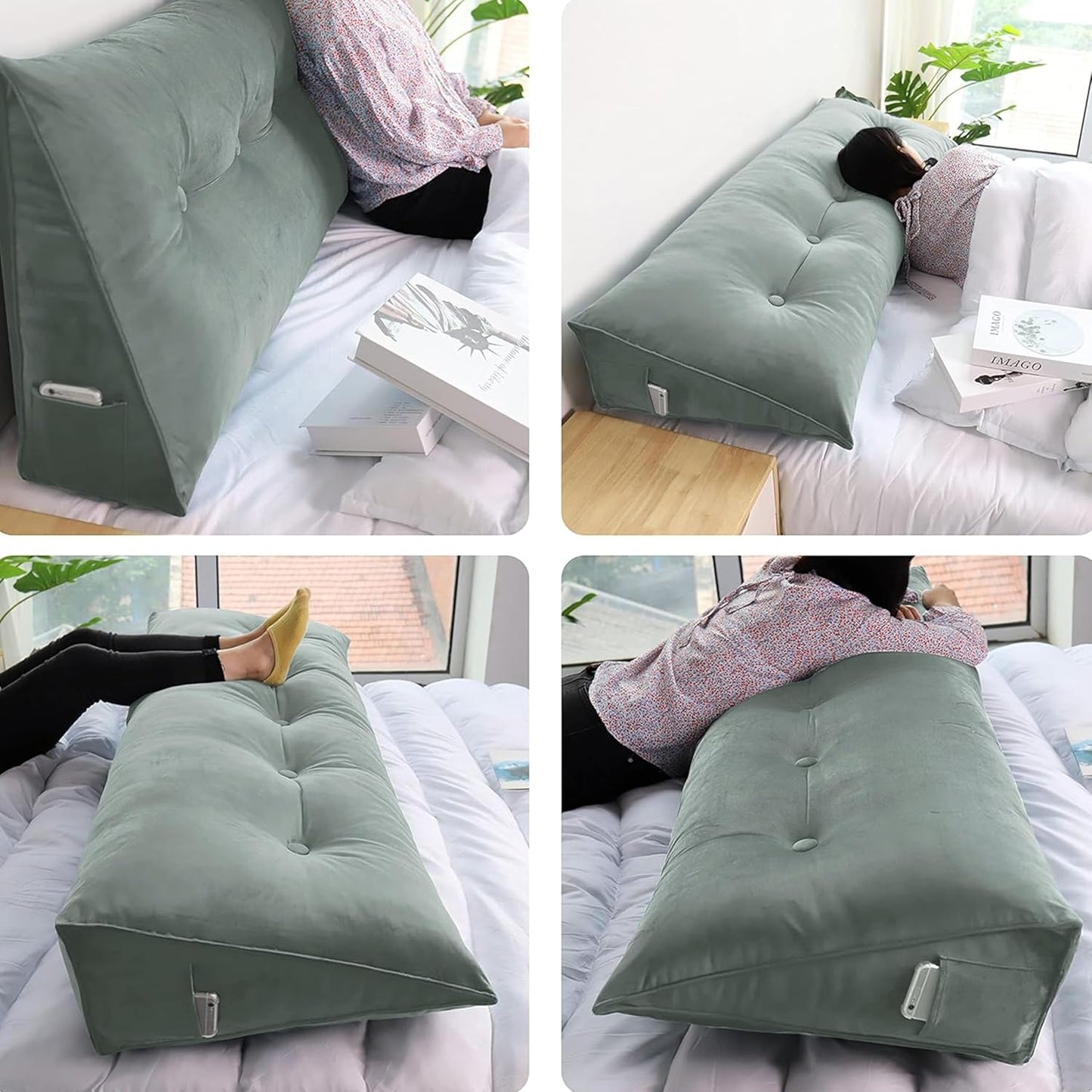 WOWMAX Triangular Headboard Pillow Full Bed Wedge Pillow for Headboard Large Bolster Pillow for Bed Wedge Pillow Headboard Daybed Pillows with Removable Cover, Velvet(100% Cotton), Gray
