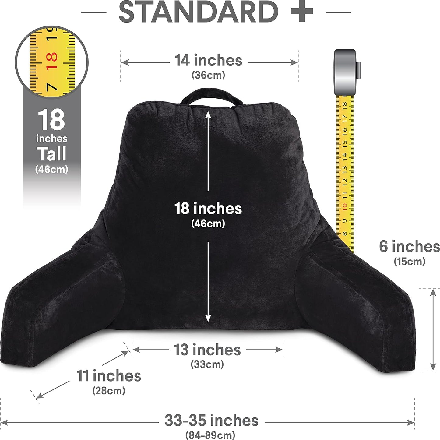 Husband Pillow Black, Original Reading Pillow in Bed Rest Chair, Shredded Memory Foam Large Lounge Cushion Adult Backrest with Arms, Comfy Back Support for Sit Sitting Up, Washable/Removable Cover