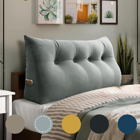 WOWMAX Triangular Headboard Pillow Full Bed Wedge Pillow for Headboard Large Bolster Pillow for Bed Wedge Pillow Headboard Daybed Pillows with Removable Cover, Velvet(100% Cotton), Gray