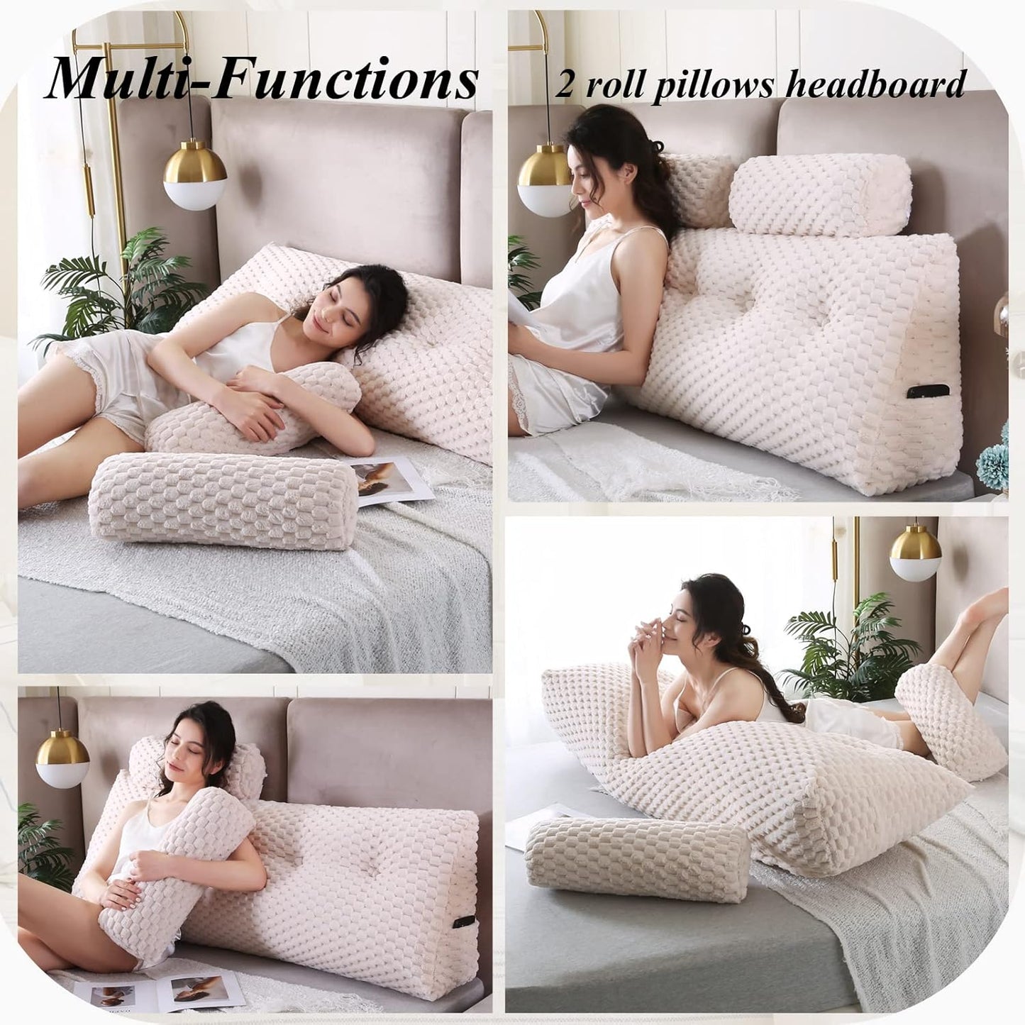 Wedge Headboard Pillows + 2 Head Roll Pillow Bed Wedge Pillow for Headboard Large Bolster for Bed Rest Reading Pillows Backrest Pillows for Sitting in Bed Backrest Positioning Support