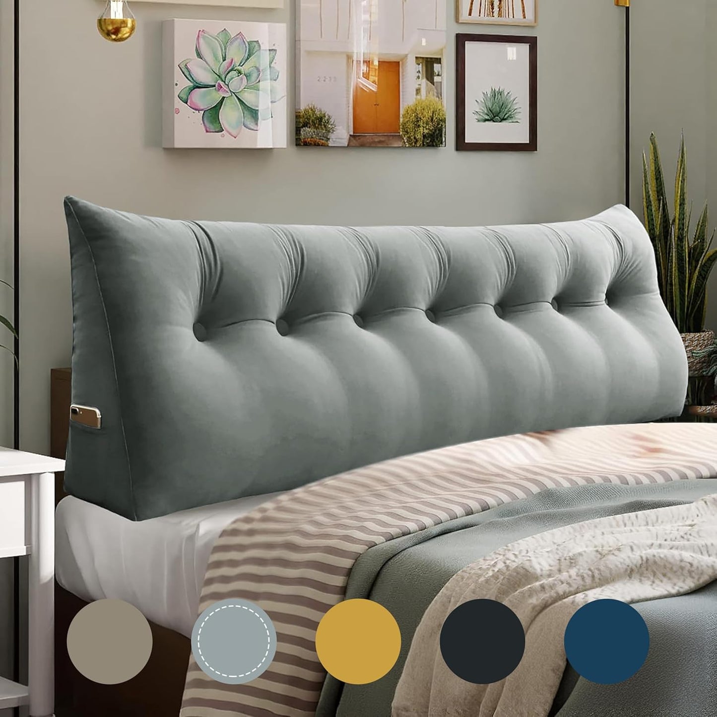 WOWMAX Triangular Headboard Pillow Full Bed Wedge Pillow for Headboard Large Bolster Pillow for Bed Wedge Pillow Headboard Daybed Pillows with Removable Cover, Velvet(100% Cotton), Gray