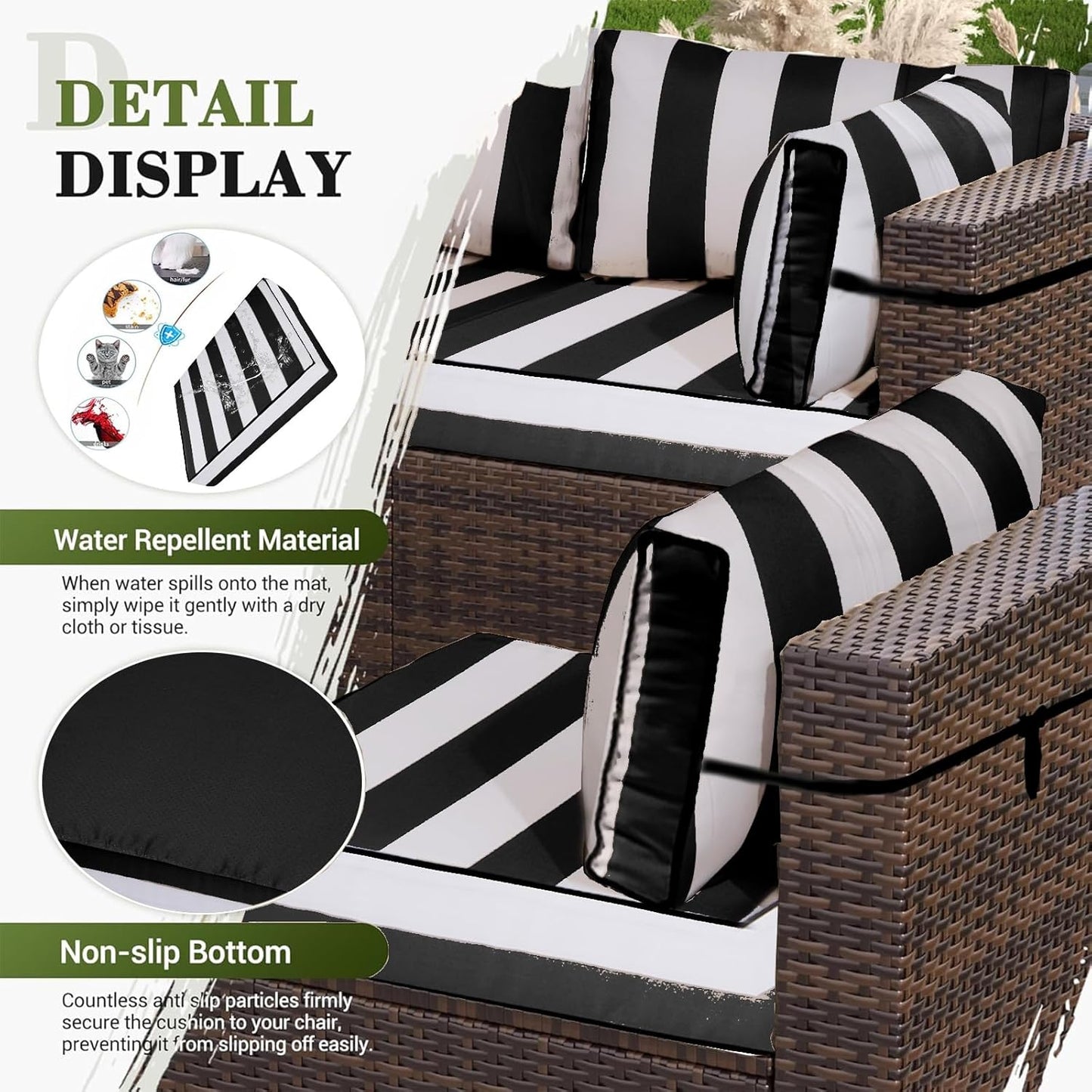 14Pcs Outdoor Sectional Replacement Cushion Set, Waterproof Furniture Cushion, Outside Couch Coushions for 6-Seat Wicker Conversation Sets(Liner&Cover) (Black and White Stripes)