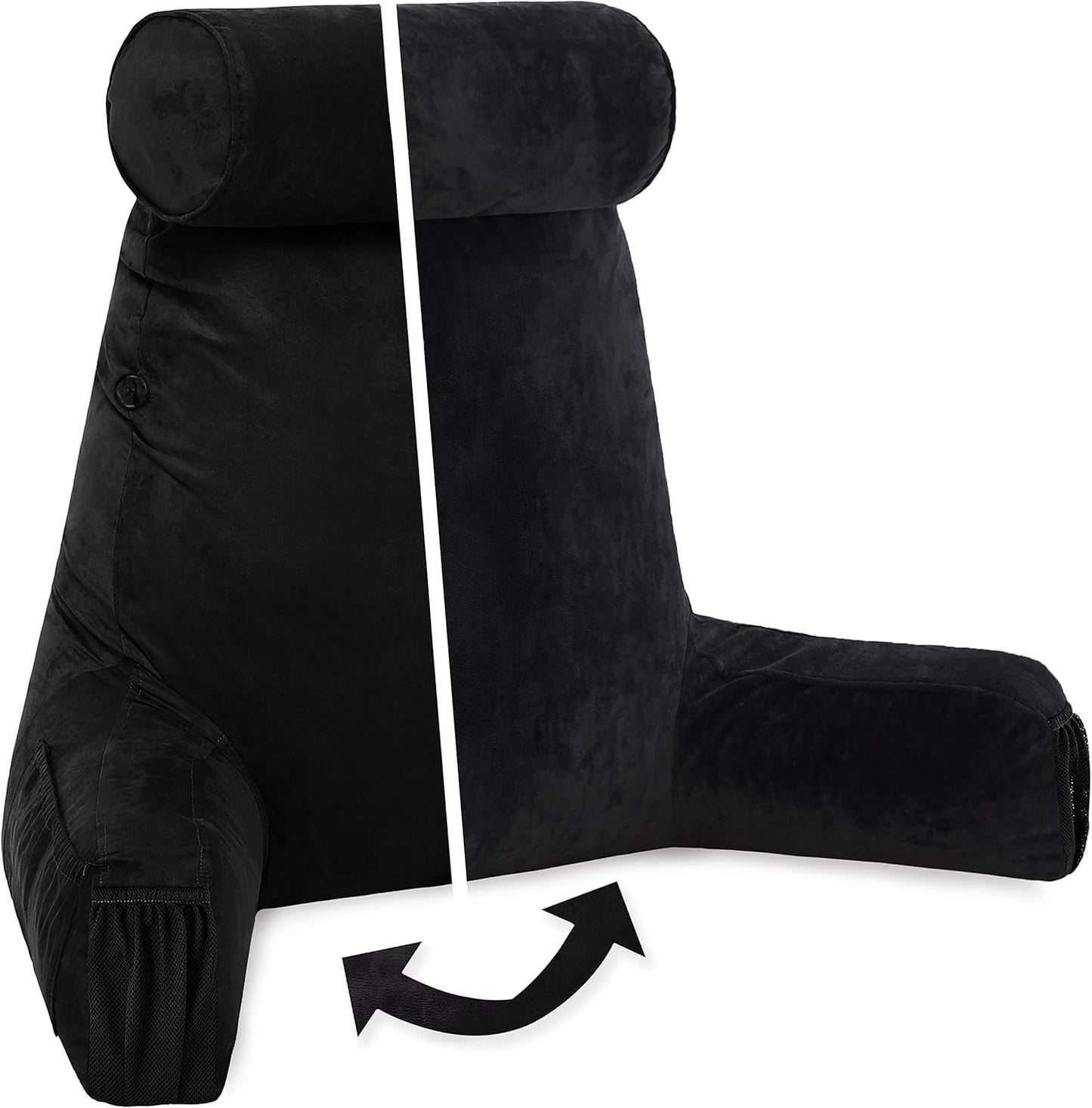 Husband Pillow Black, Original Reading Pillow in Bed Rest Chair, Shredded Memory Foam Large Lounge Cushion Adult Backrest with Arms, Comfy Back Support for Sit Sitting Up, Washable/Removable Cover
