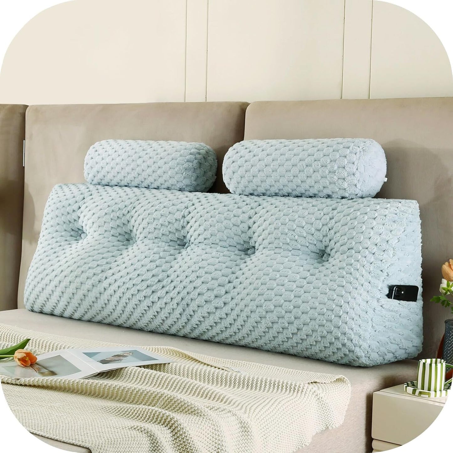 Wedge Headboard Pillows + 2 Head Roll Pillow Bed Wedge Pillow for Headboard Large Bolster for Bed Rest Reading Pillows Backrest Pillows for Sitting in Bed Backrest Positioning Support