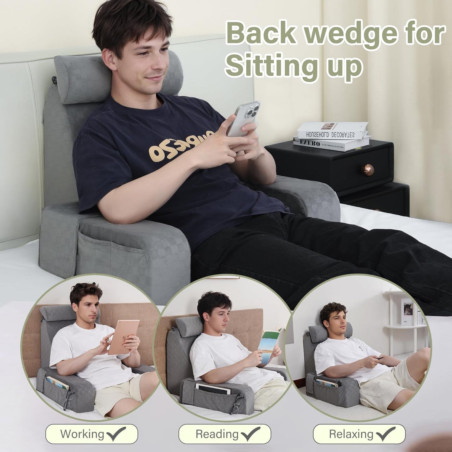 Vekkia Reading Pillow,Back Pillow for Bed Sitting Up Adult,Backrest Support Pillow with Arm and Large Pockets,Rest Chair for Reading,Gaming,Relaxing,Working or Watching TV in Bed&Floor-19in Grey