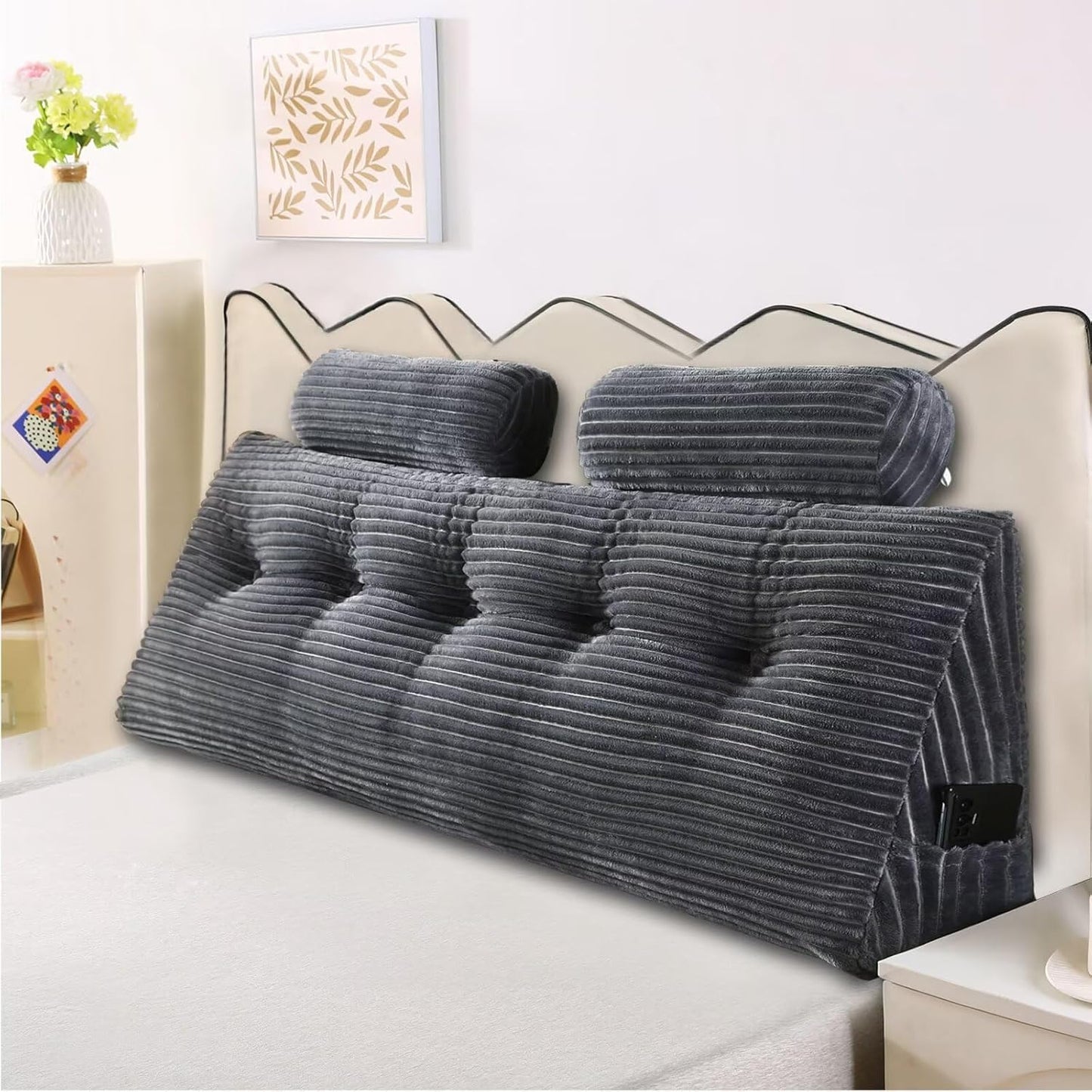 Headboard Pillow for Perfect Reading and Relaxation - Beige Wedge Backrest Pillow for Bed,Daybed,and Lounging - Supportive and Stylish Long Pillow for Sitting and Sleeping Queen (59x8x20 Inches)