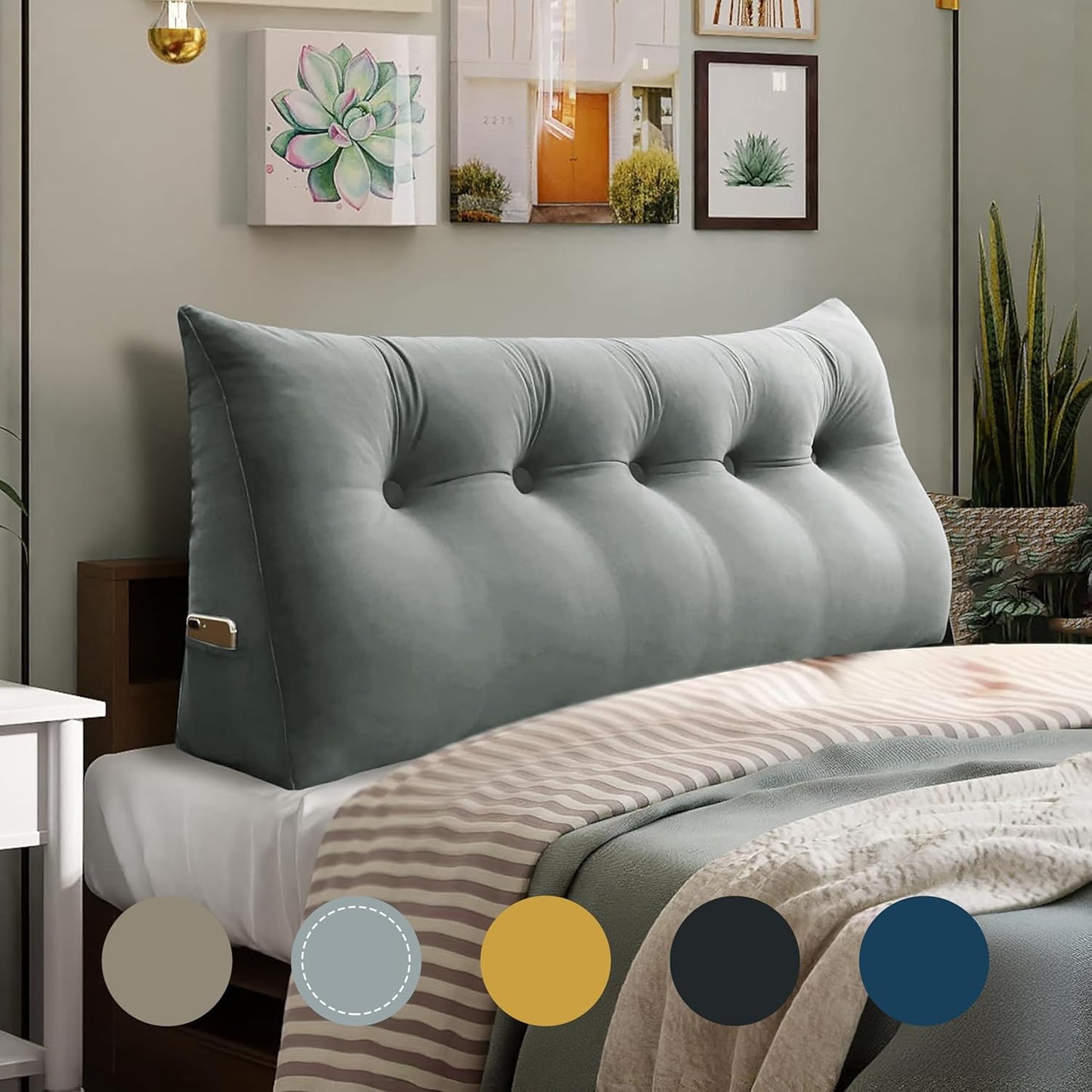 WOWMAX Triangular Headboard Pillow Full Bed Wedge Pillow for Headboard Large Bolster Pillow for Bed Wedge Pillow Headboard Daybed Pillows with Removable Cover, Velvet(100% Cotton), Gray