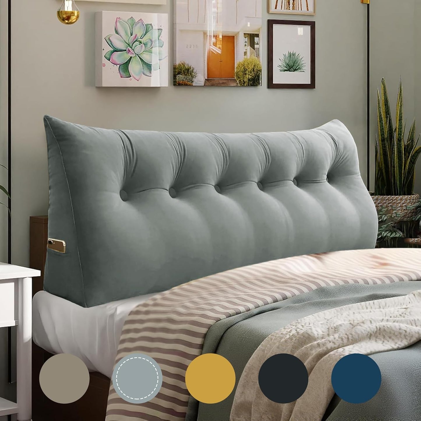 WOWMAX Triangular Headboard Pillow Full Bed Wedge Pillow for Headboard Large Bolster Pillow for Bed Wedge Pillow Headboard Daybed Pillows with Removable Cover, Velvet(100% Cotton), Gray
