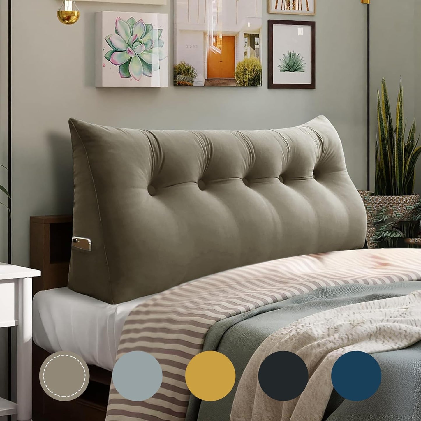 WOWMAX Triangular Headboard Pillow Full Bed Wedge Pillow for Headboard Large Bolster Pillow for Bed Wedge Pillow Headboard Daybed Pillows with Removable Cover, Velvet(100% Cotton), Gray