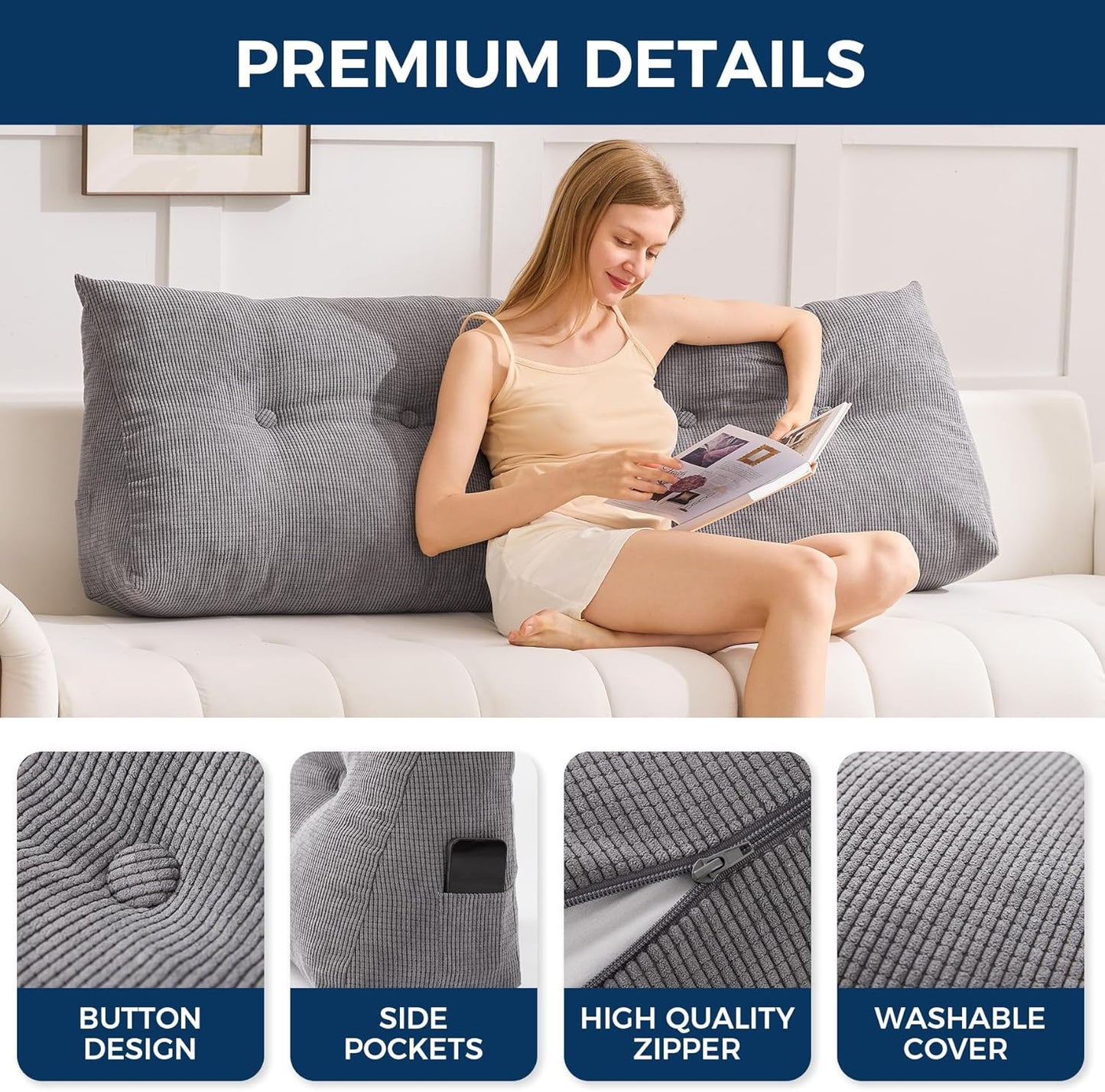 Headboard Pillow Queen, Triangle Pillows for Headboard, Head Board Backrest Wedge Pillow for Reading Sitting Working, Daybed Pillows with Removable Cover for Bed Dorm Sofa, Dark Grey