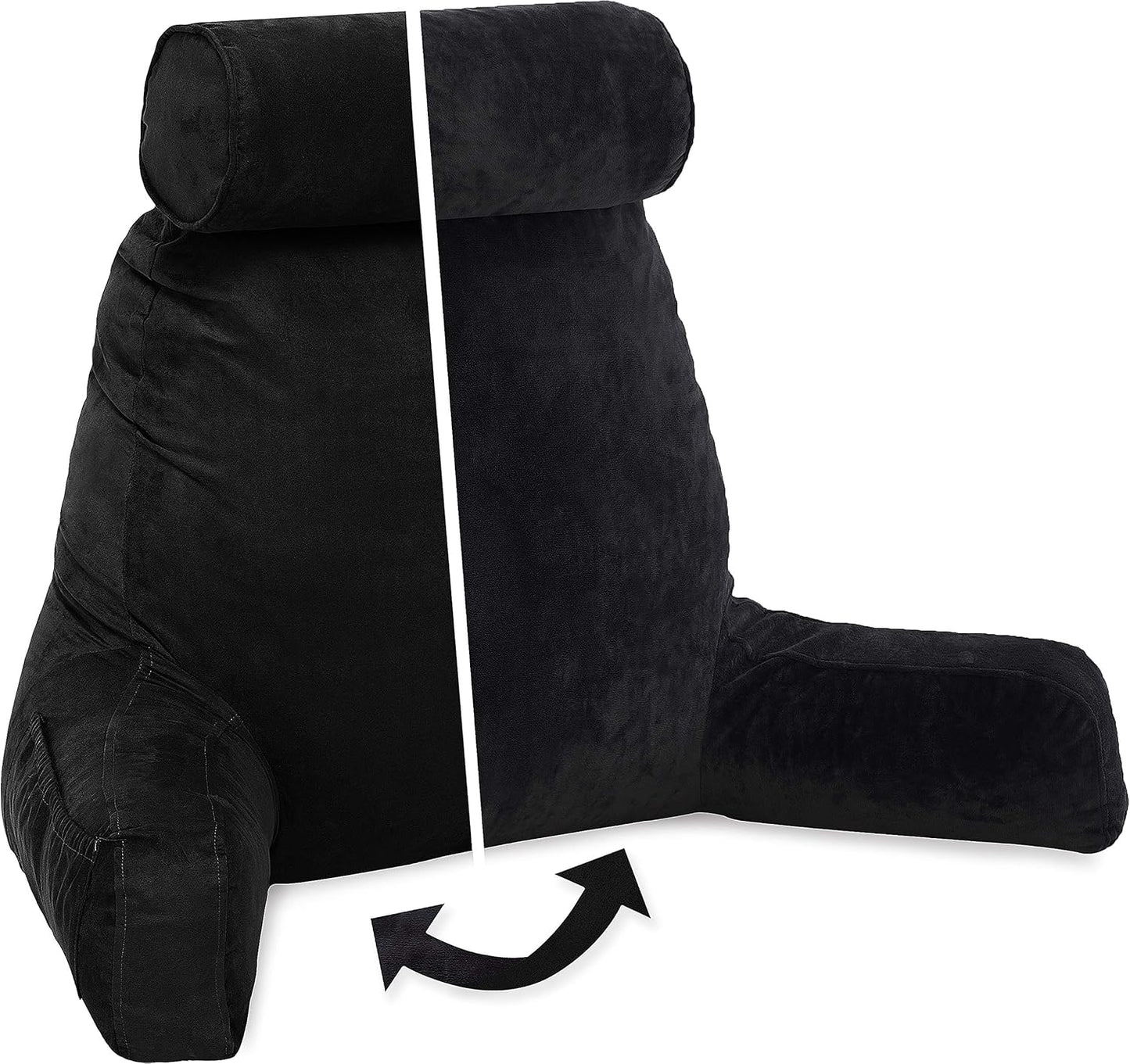 Husband Pillow Black, Original Reading Pillow in Bed Rest Chair, Shredded Memory Foam Large Lounge Cushion Adult Backrest with Arms, Comfy Back Support for Sit Sitting Up, Washable/Removable Cover