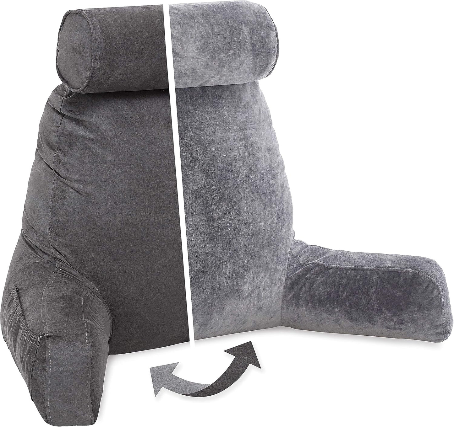 Husband Pillow Black, Original Reading Pillow in Bed Rest Chair, Shredded Memory Foam Large Lounge Cushion Adult Backrest with Arms, Comfy Back Support for Sit Sitting Up, Washable/Removable Cover