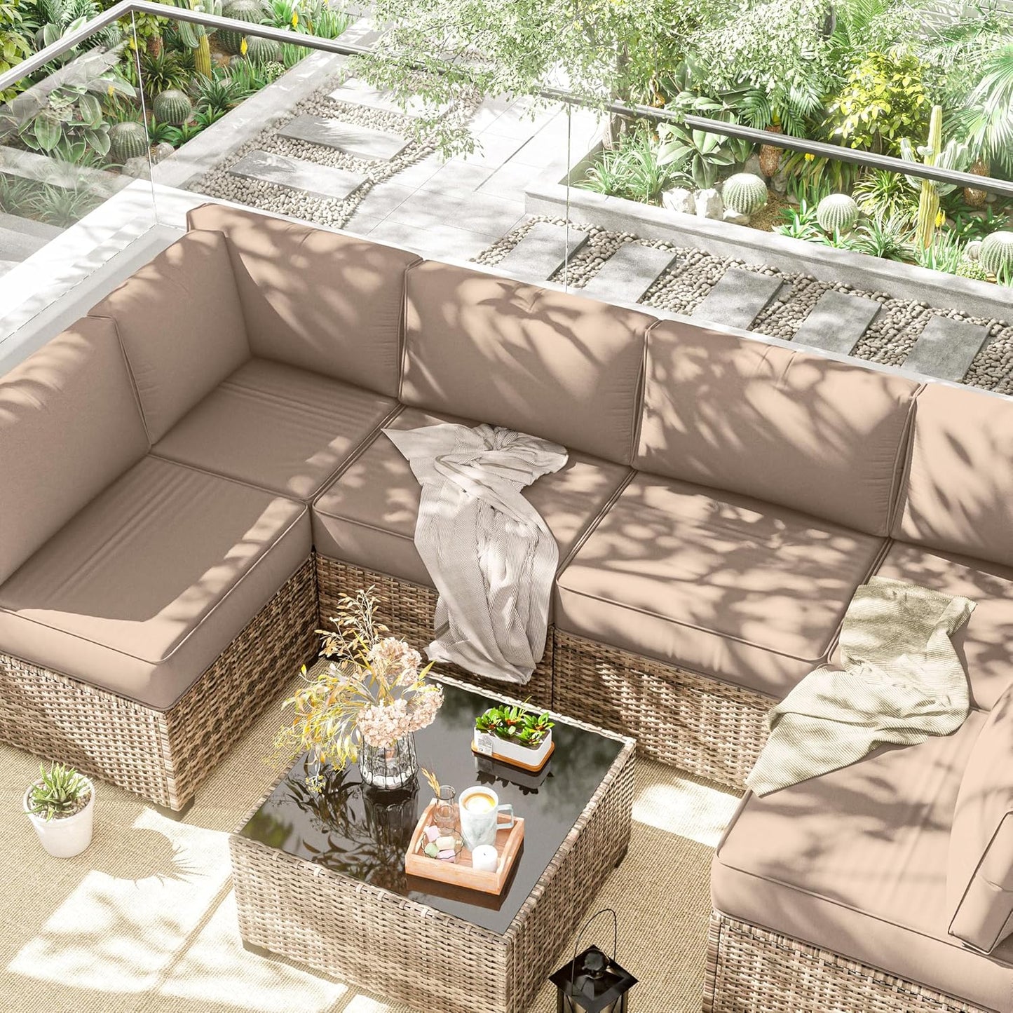 Outdoor Replacement Cushions for Patio Furniture, 5" Foam High-Density, 14-Piece Water-Resistant Outdoor Cushion for 6-Seat Sectional Patio Conversation Sets, Liner&Cover
