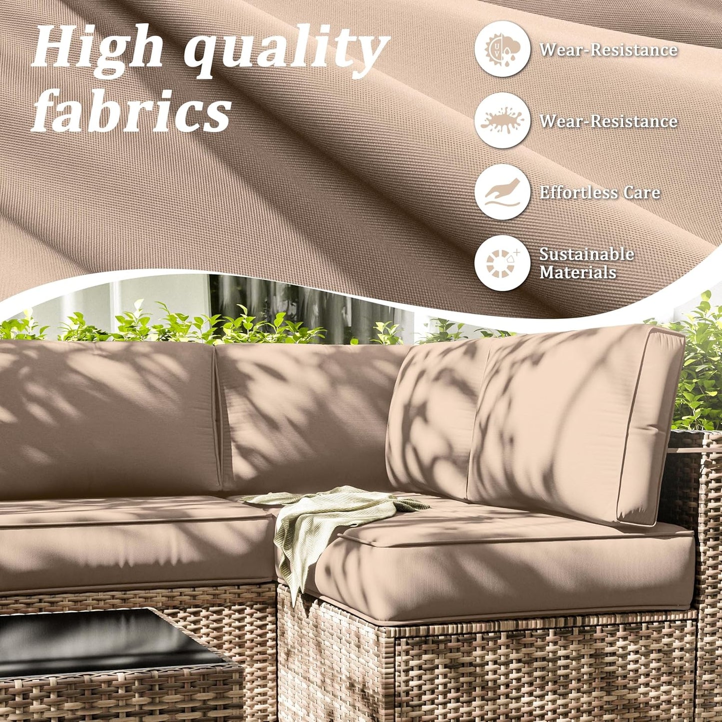 Outdoor Replacement Cushions for Patio Furniture, 5" Foam High-Density, 14-Piece Water-Resistant Outdoor Cushion for 6-Seat Sectional Patio Conversation Sets, Liner&Cover
