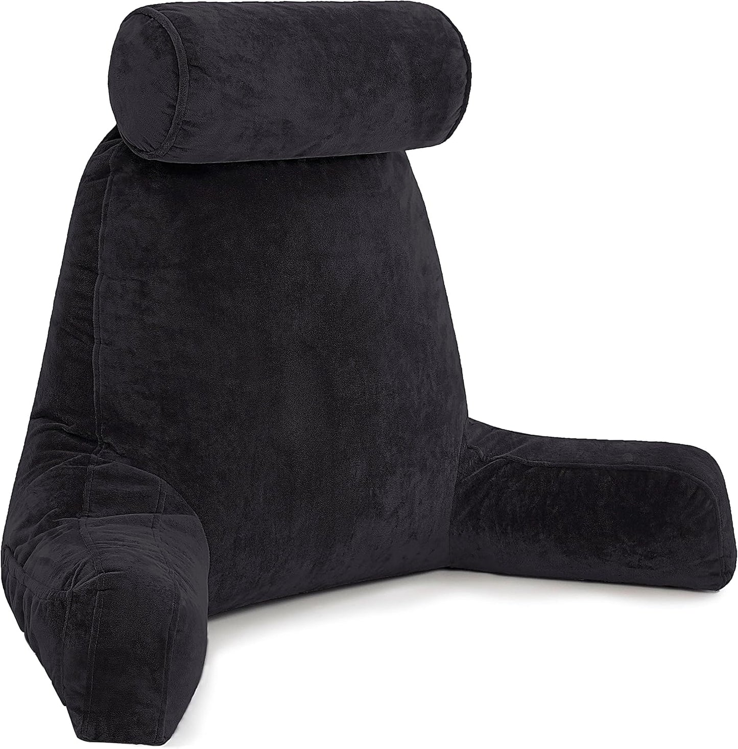 Husband Pillow Black, Original Reading Pillow in Bed Rest Chair, Shredded Memory Foam Large Lounge Cushion Adult Backrest with Arms, Comfy Back Support for Sit Sitting Up, Washable/Removable Cover