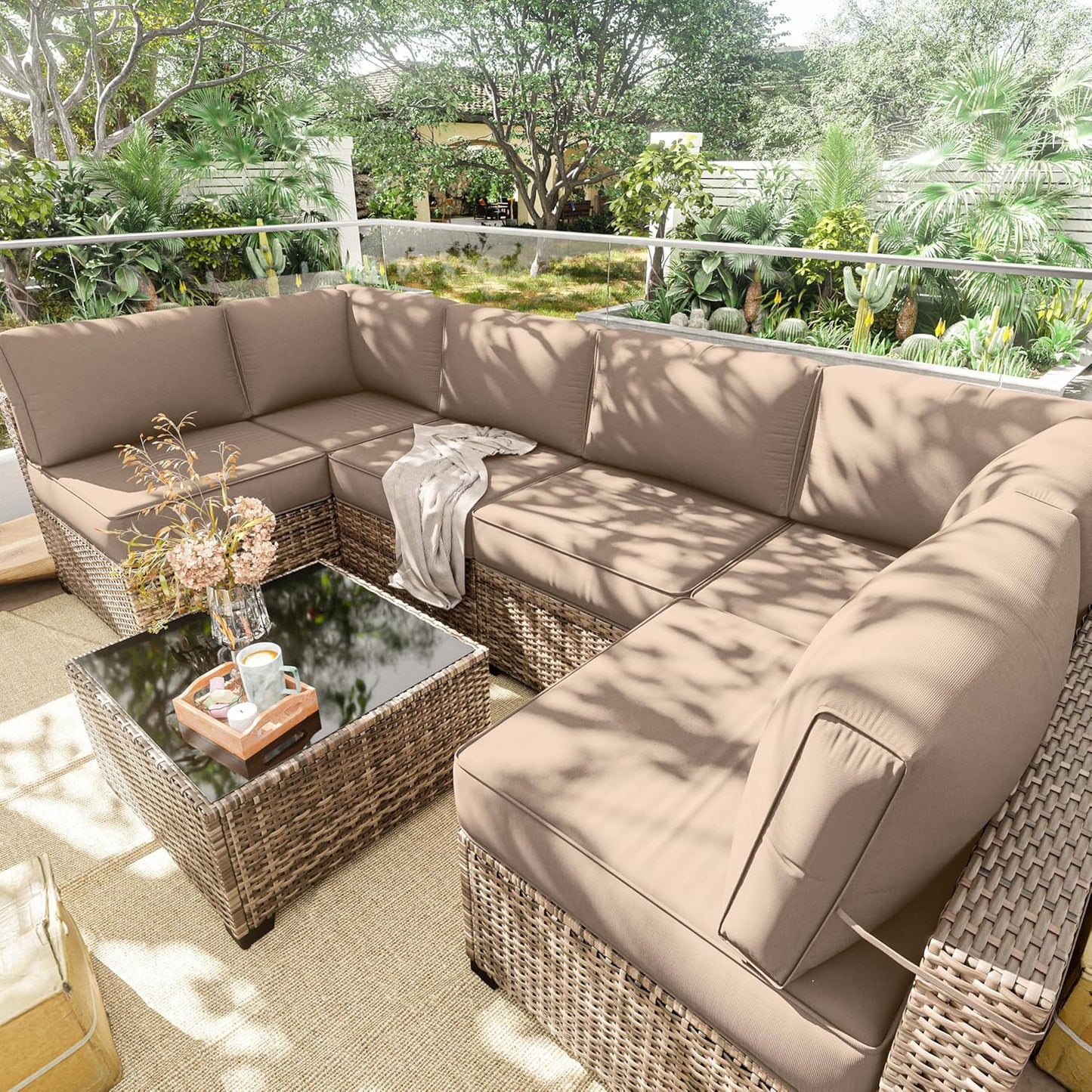 Outdoor Replacement Cushions for Patio Furniture, 5" Foam High-Density, 14-Piece Water-Resistant Outdoor Cushion for 6-Seat Sectional Patio Conversation Sets, Liner&Cover
